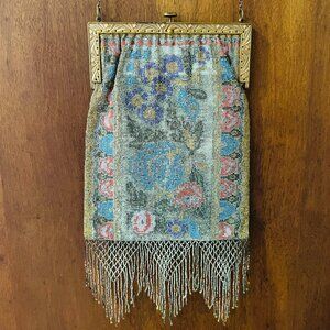 Antique Flapper Beaded Evening Bag with Floral Motif & Fringe | Art Deco Purse |